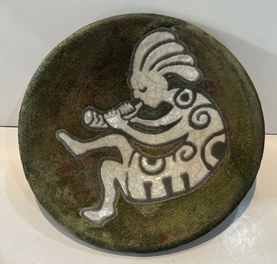 Raku Kokopelli 5.25  Pottery Plate Dish, Signed J. Diller, NWT, Iridescent