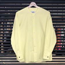 Super Excellent Condition HERMES No Collar Long Sleeve Shirt Lime Yellow Cotton