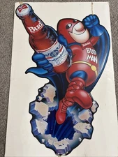 Vintage 1989 Bud Man Super Hero Metal Sign Approx 29.5"x20"