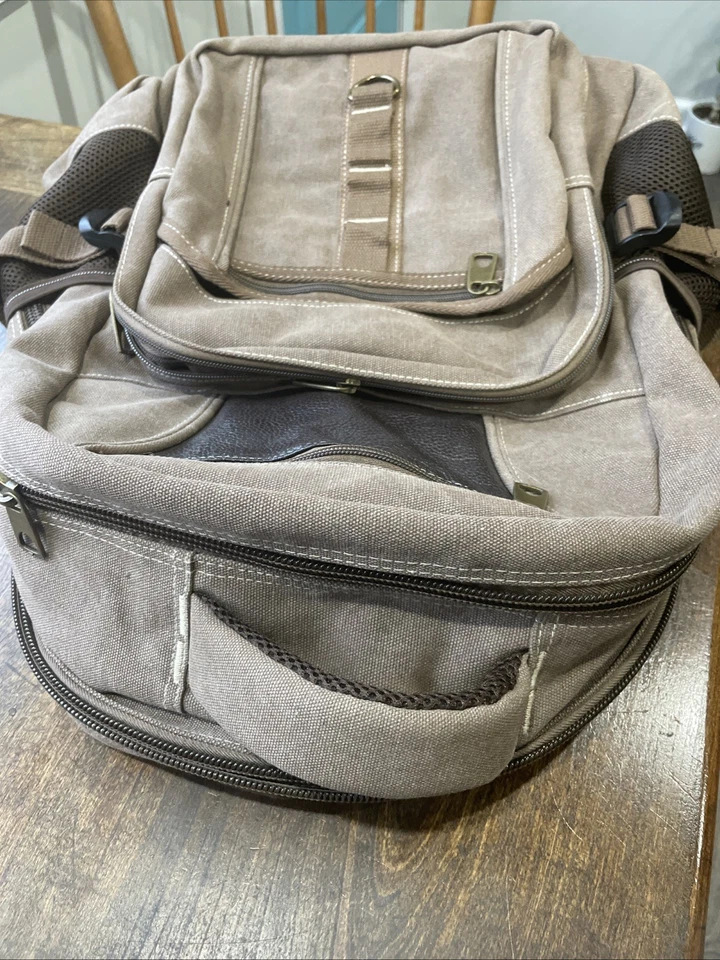 Canvas Backpack With Leather Trim Lots Of Pockets. Sturdy And Heavy Duty - Image 3 of 4