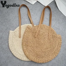 Round Straw Shoulder Bag Women Woven Vintage Raffia Circle Summer Beach Tote