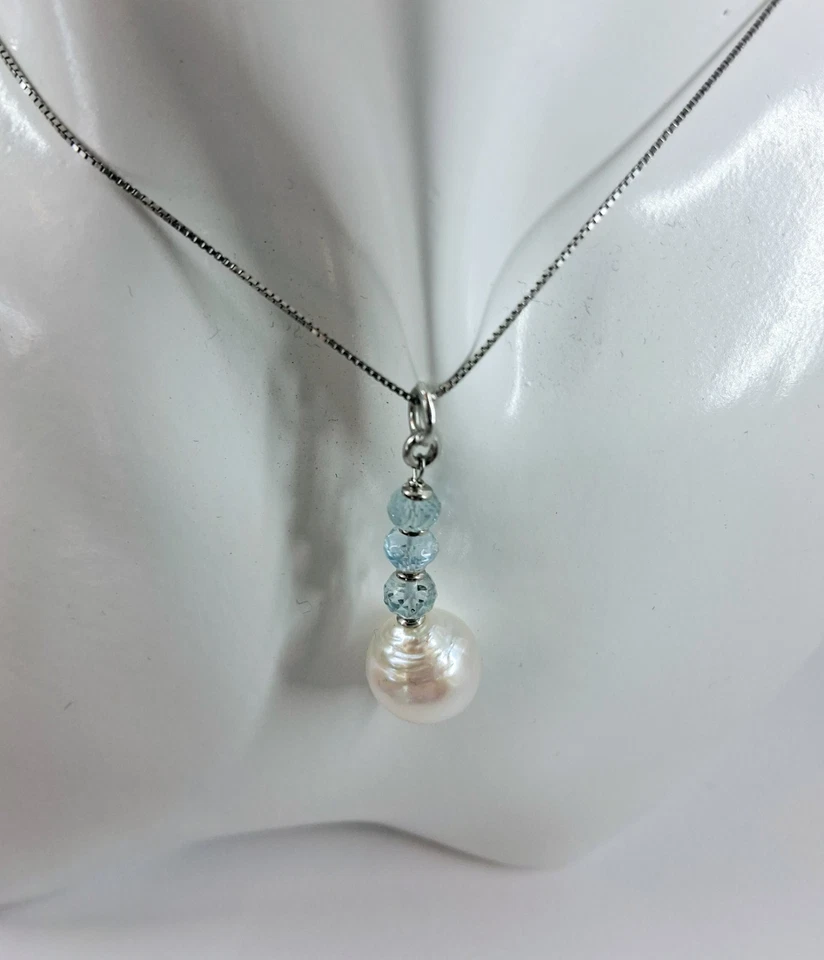 Collana in argento 925 con perla barocca bianca 10/12 mm e acquamarina naturale - Immagine 2 di 4