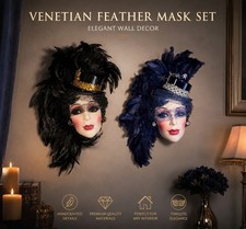 Venetian Style Feather Wall Masks Set of 2 Black Blue Masquerade Decor