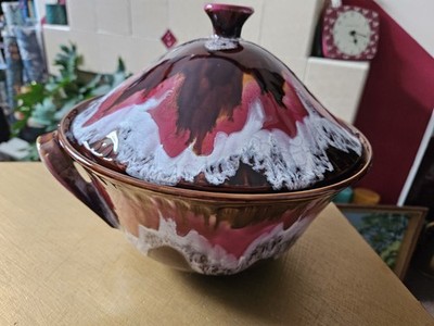 Vintage Vallauris Hot Lava rosa weiß braun gemahlen großer Deckeltopf Frankreich @10''