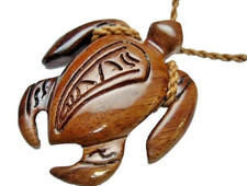 39MM CARVED SOLID ACACIA KOA WOOD HAWAIIAN TRIBAL HONU TURTLE PENDANT NECKLACE