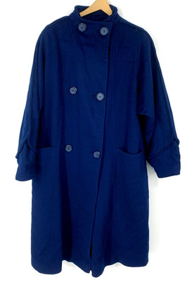 Vintage Ladies Wool Long Trench Coat Portrait by Stevens Union Made in USA Blue
