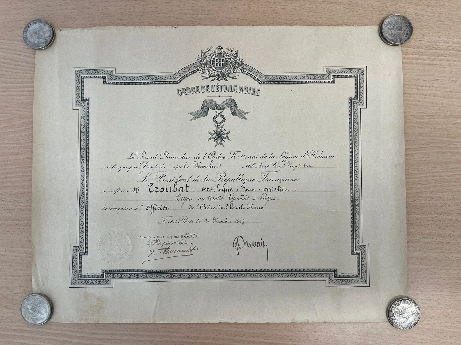 Certificat Diplôme Guerre Ordre De L’étoile Noire 1923