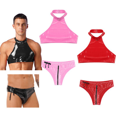 US Mens Vest Tops Backless Sleeveless Patent Leather Crop Top Underpants Costume