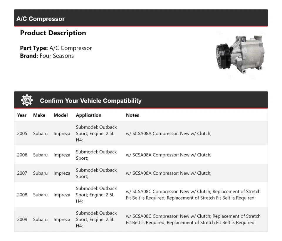 Compresor de aire acondicionado deportivo Subaru Impreza Outback 2005-2009 4 estaciones 2006 2007 Foto 2 de 4