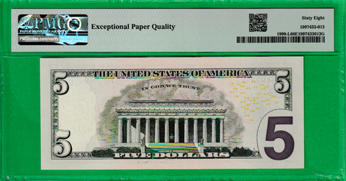 RADAR Serial Number 64433446 $5 Federal Reserve Note Fr. 1999-L PMG 68 - Picture 3 of 3