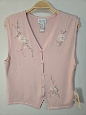 NWT Vintage Koret Pink Floral Embroidered Button Up Size MP Sweater Vest
