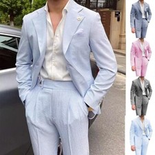 Men Seersucker Striped Suit Light Color Minimalist Sharp Chic Notch Lapel