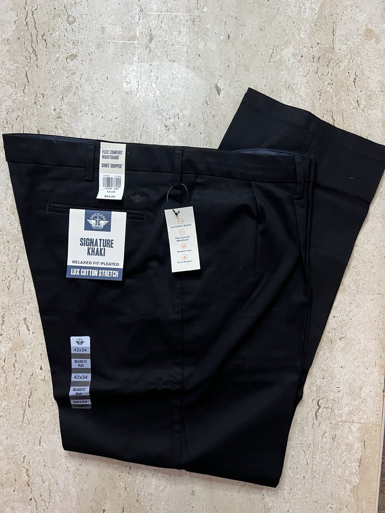 NWT DOCKERS Signature Khaki Lux Classic Fit Flex Comfort Waistband Black 42X34