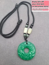 Jade Charm Pendant Necklace W/ Beads Cord Handmade Round Carved Green Gemstone