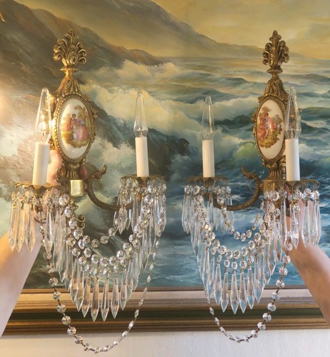 COPPIA applique vintage cristallo ottone bronzo porcellana Sevres Limoges Spagna francese - Foto 10 di 16