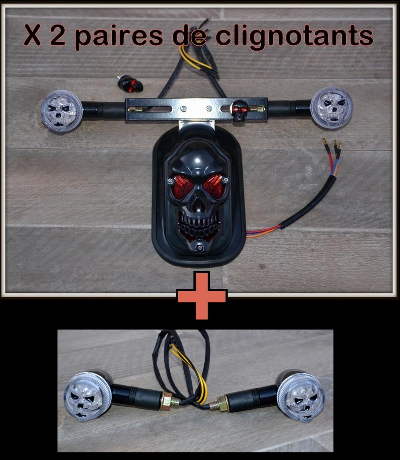 Feu stop Skull et clignotants moto noirs à haute visibilité
