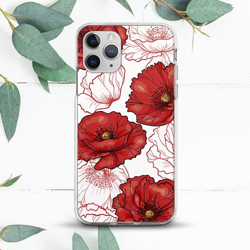 Red Poppy Aesthetic Flowers White Case For iPhone X SE 11 12 13 14 15 Pro  Max XR - Main Image