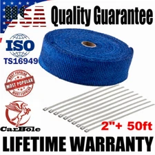 2" 50FT Roll Exhaust Wrap Manifold Header Pipe Heat Wrap Tape w/ 10 Tie Kit Blue