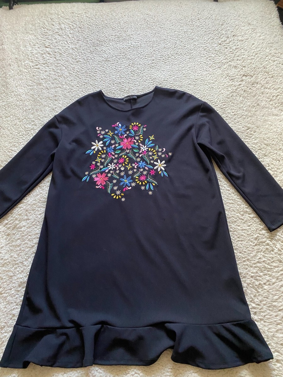 zara black sequin shirt dress Zara Women Floral Embroidered Sequin Long Sleeve Short Shirt Dress Black  Size S