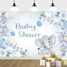 7X5ft Blue Baby Shower Background Boy Baby Shower Backdrop Blue Baby Elephant...