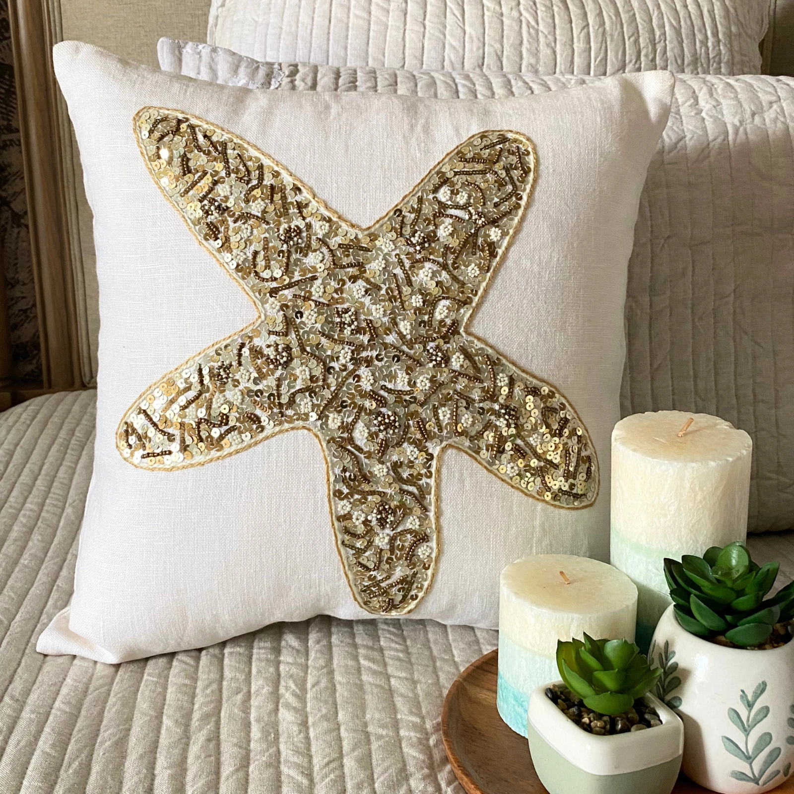 Couch Pillow Cover Ivory 16"x16", Home Decor Linen Fabric - Starfish Party
Opens in a new window or