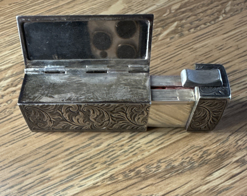 Sterling German Engraved Lipstick Holder Tube w/ Mirror Case Stamped "STERLING"