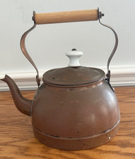 Vintage Copper Tea Kettle w/ Wood Handle - Rustic Farmhouse Kitchen Decor