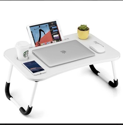 White Foldable Laptop Lap Desk with Cup Holder, Device Slots for 13-15'' Laptops