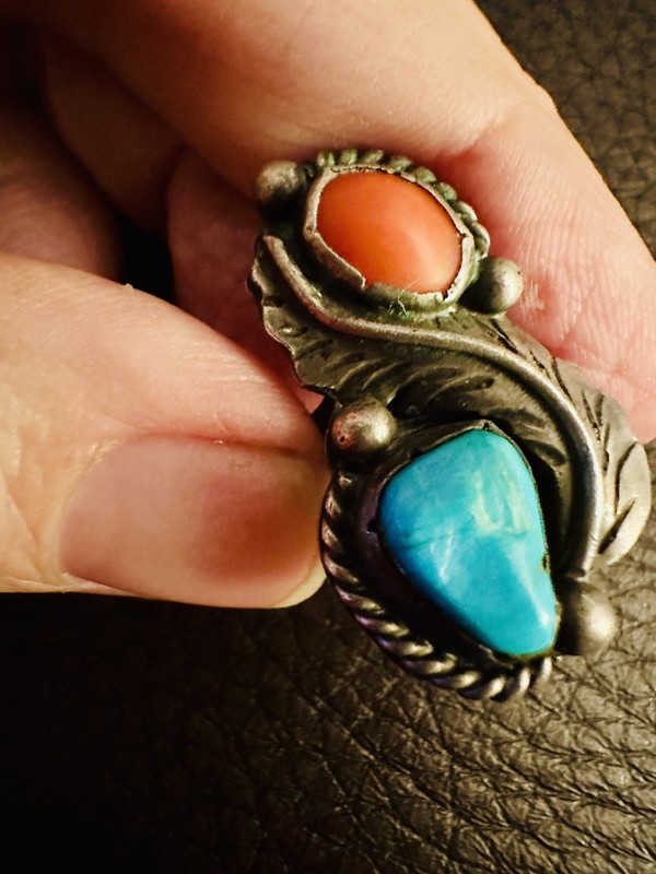 Vintage Sterling Silver Turquoise Coral Ring Size 5-6 signed H 1950-1970s NAVAJO