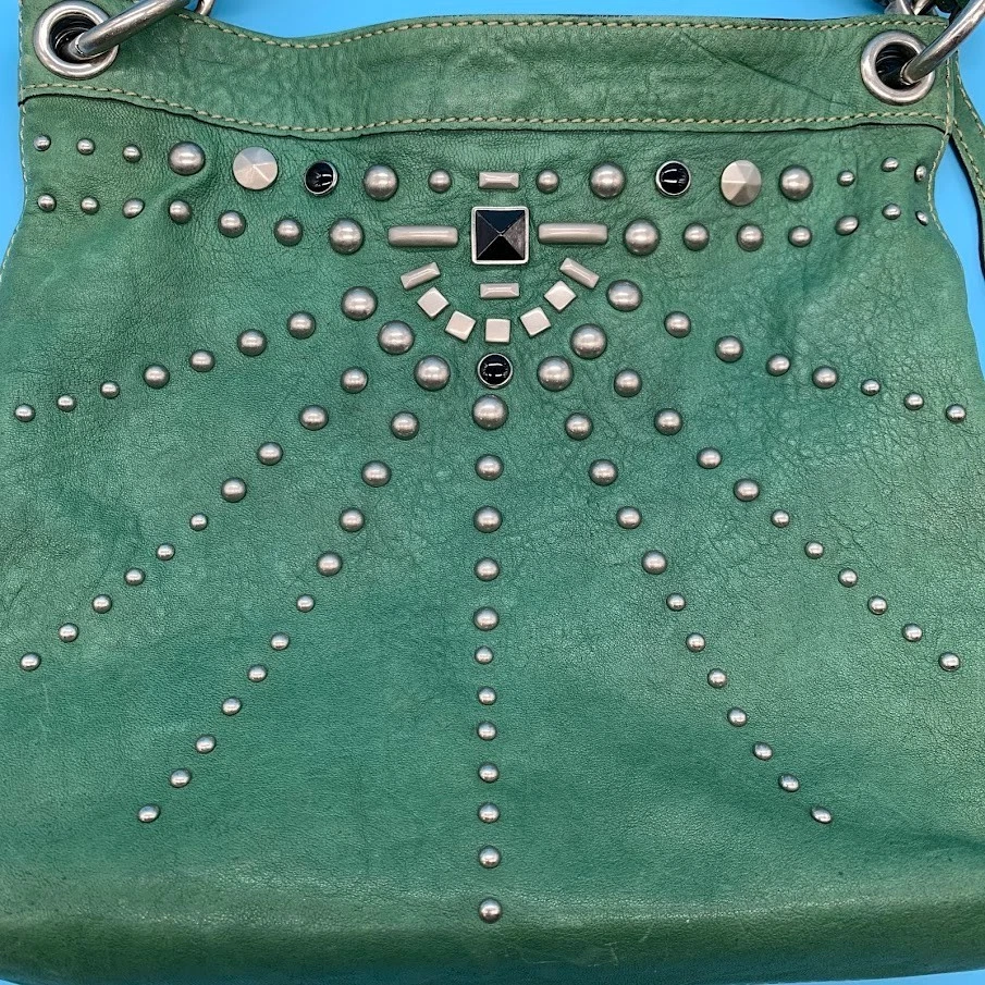 Bolso de Hombro Cartera Abro Verde Cuero Genuino Tachonado Italia Y2K Foto 3 de 4
