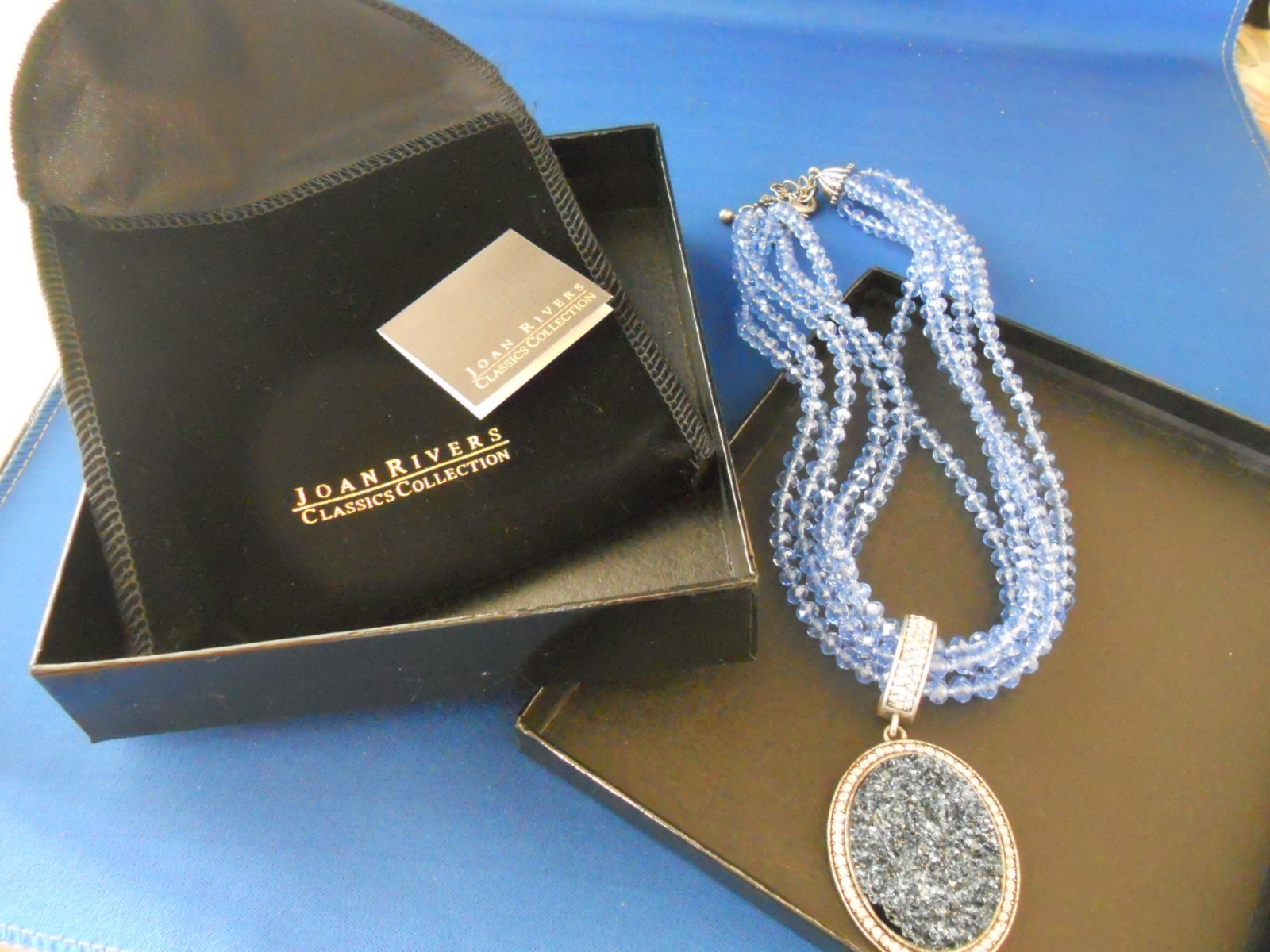 Joan Rivers Necklace Blue Druzy Drusy Enhancer Glass Bead Torsade in Box + Pouch