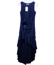 Berylove Womens Navy Blue Sleeveless Layered Ruffle Midi Dress  Rosette Detail S