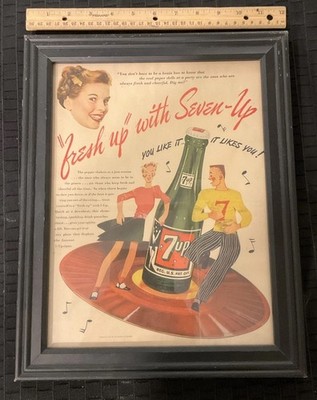 VINTAGE 7UP 1946  Fresh Up With Seven-Up!'' Framed Advertisement RARE 