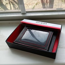 GUESS Men's Wallet  Magnetic  Premium Leather  Black/Red Stitching