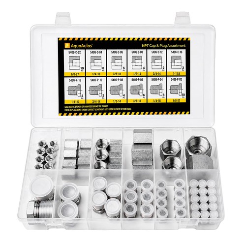 64 Pcs. Hydraulic NPT Pipe Fittings Cap & Plug Adapter Assortment Kit, Galvanize