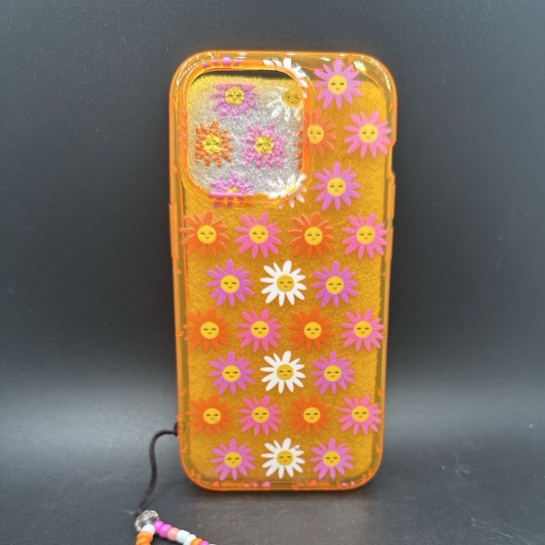 Pink Sun Pattern Orange Glitter Sun & Flower Plastic Back Case w/ Wrist Strap for iPhone ...