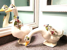 Beautiful Vtg Pair of 2 Large White Ceramic Ducks Geese Spaghetti Trim Floral