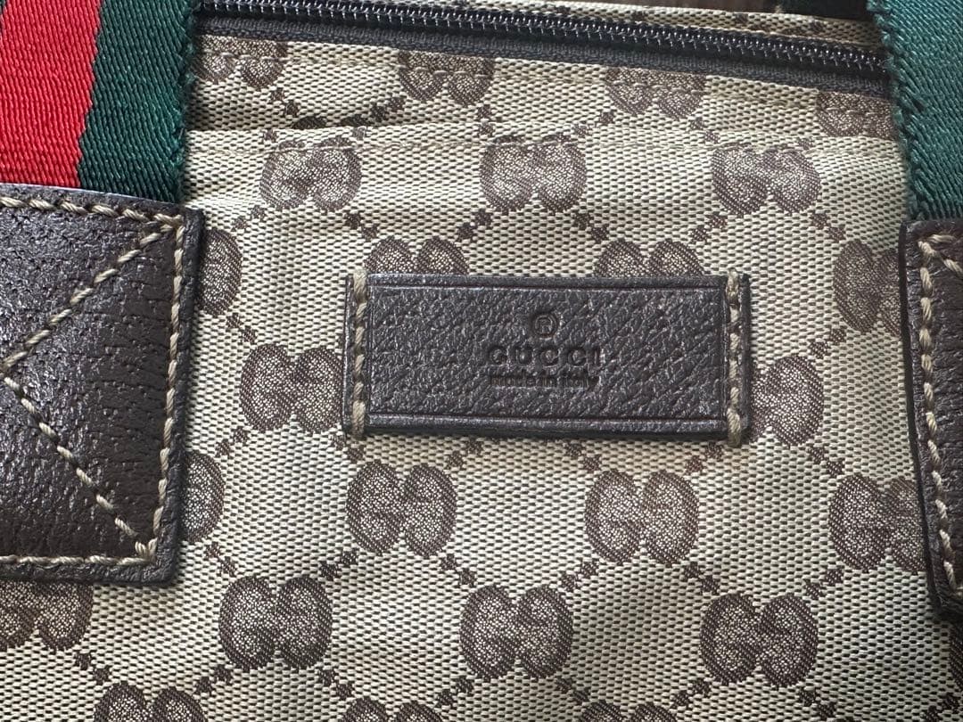 GUCCI Tote Bag GG Pattern Canvas Leather Ivory Green Red Authentic Excellent thumbnail 2