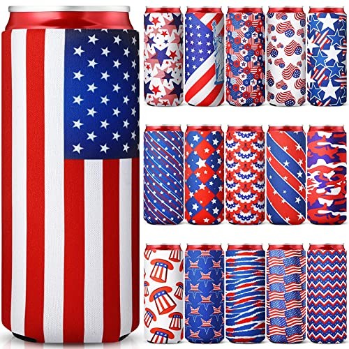 16 Pieces 4th of July Beer Can Sleeves Patriotic America Slim Beer Drink Can - Foto 2 di 8