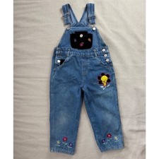 Vintage 90's Looney Tunes WB Tweety Bird Denim Overalls Kids 4/5 Tweety Flower