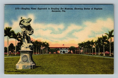 #ad Sarasota FL Florida Ringling Plaza Approach To Art Museum Statue Linen Postcard $0.99