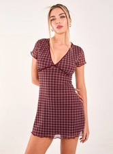 Pink Vanilla Womens BURGUNDY Check Cap Sleeve Mini Dress