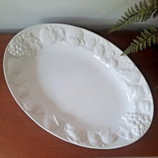 Ex Large Oval Embossed Fruits Serving Platter Plate White Ceramic 20-1/2" 52.5cm