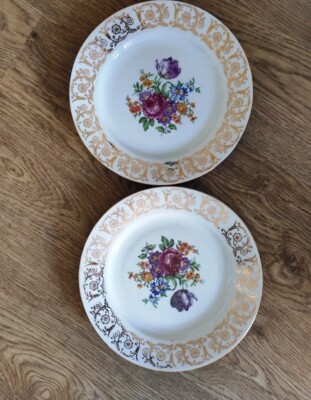 Vintage Set of 2 Plates MEISSEN BOUQUET Czechoslovakia Moritz Zdekauer Gold trim