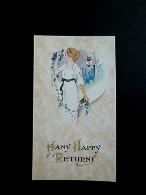 Vintage Unused Birthday Greeting Card Gorgeous Victorian Lady with Admiring Owl