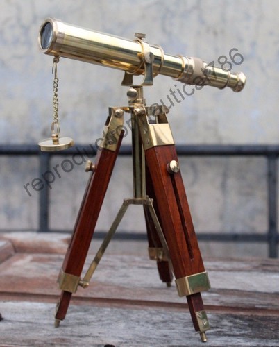 Vintage Solid Brass Telescope With Wooden Tripod Nautical Navy Ship Telescope - Picture 9 of 12