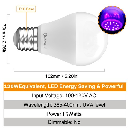 Onforu 15W LED Black Light Bulbs, A19 E26 Blacklight Bulb 120W Equivalent, - Picture 6 of 9