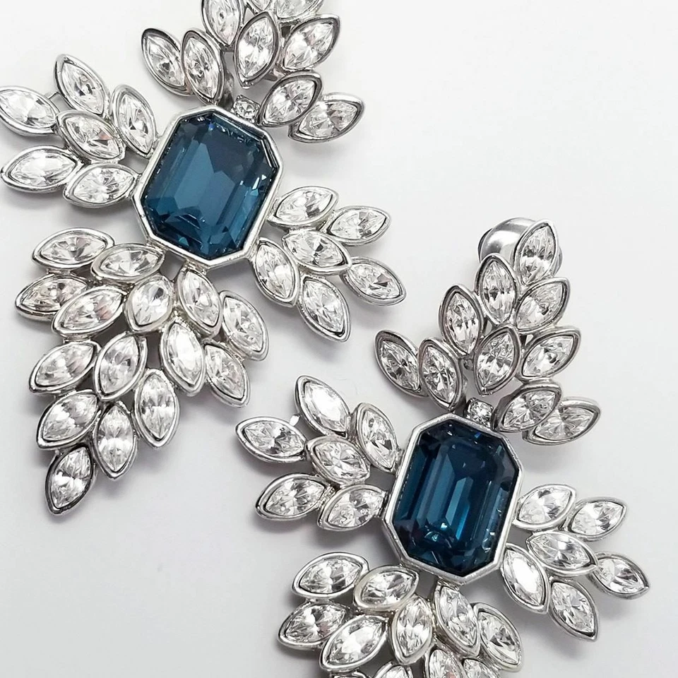 Kenneth Jay Lane KJL Clear & Sapphire Crystal Clip Earrings - Image 2 of 4