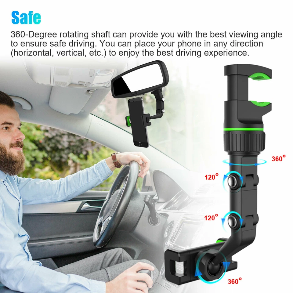 Adjustable 360 Rotation Phone Holder Car Rearview Mirror Multifunction Mount US - Image 4 of 4