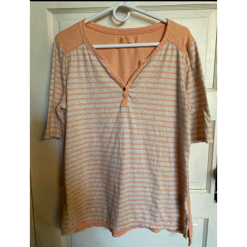 Carhartt Casual Peach & Gray Striped T-Shirt with Quarter Sleeves size 12-14